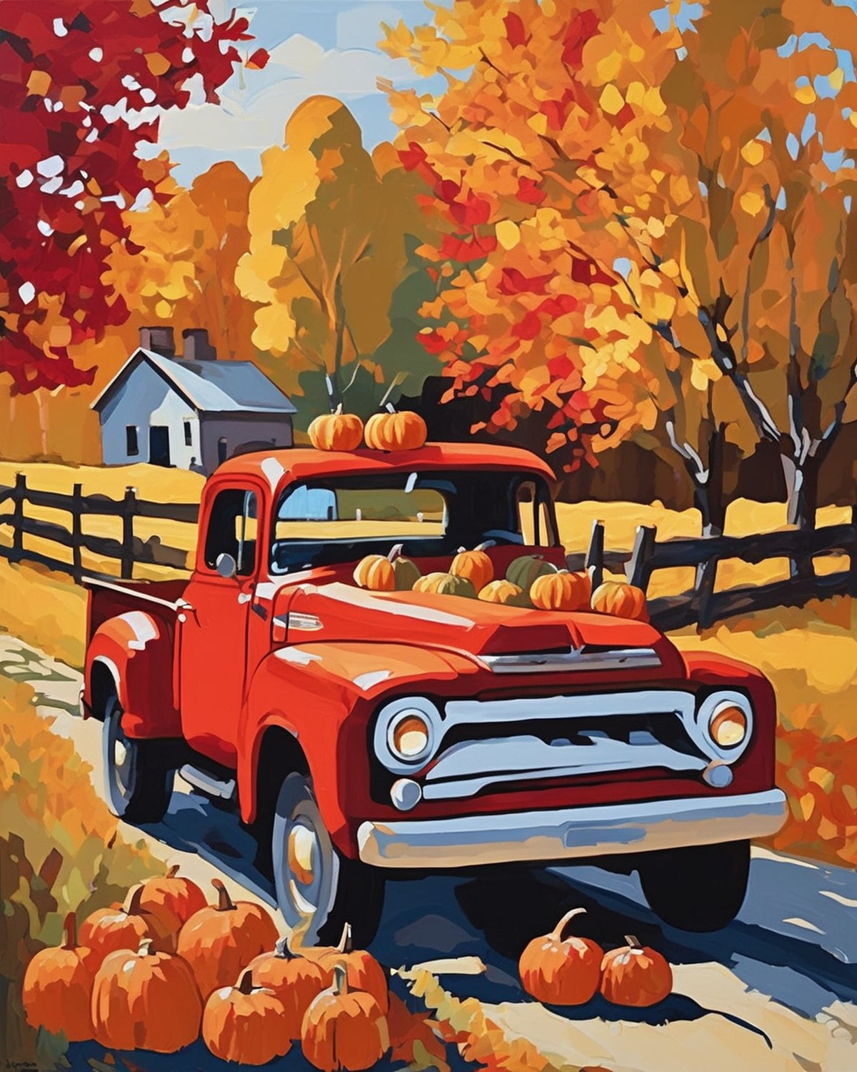 Old Truck with Pumpkins paint by numbers kit, red vintage pickup truck loaded with pumpkins