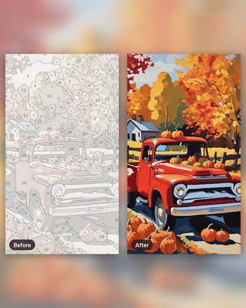 Old Truck with Pumpkins paint by numbers kit, before and after