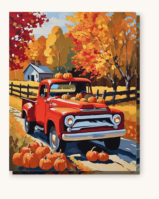 Old Truck with Pumpkins paint by numbers kit on stretched canvas