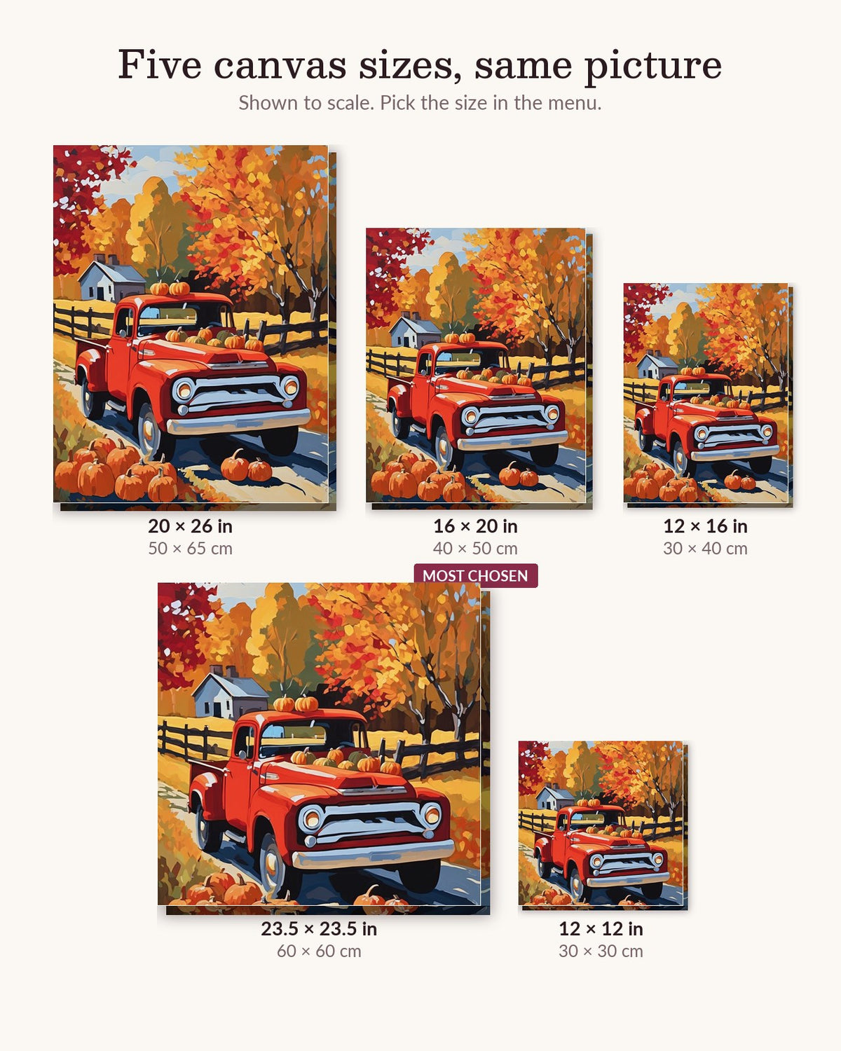 Old Truck with Pumpkins canvas sizes from 12 x 12 to 23.5 x 23.5 inches