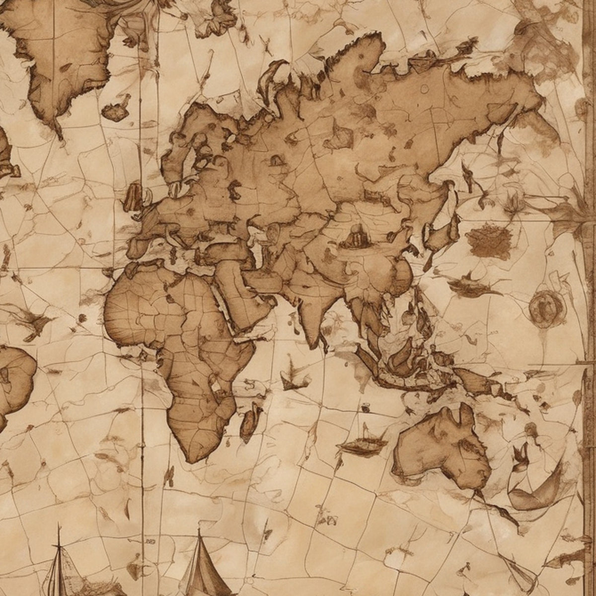 Close-up of the Old World Map kit artwork, Europe, Africa and Asia in sepia with grid lines and small ships