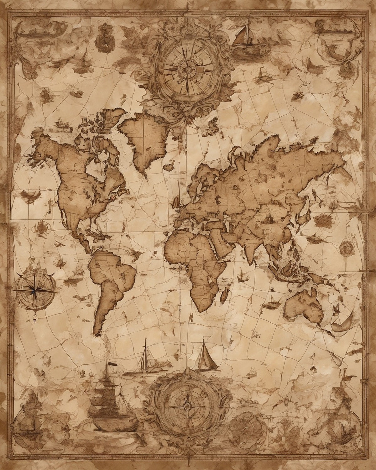 Old World Map paint by numbers kit, sepia world map on parchment with two compass roses and sailing ships