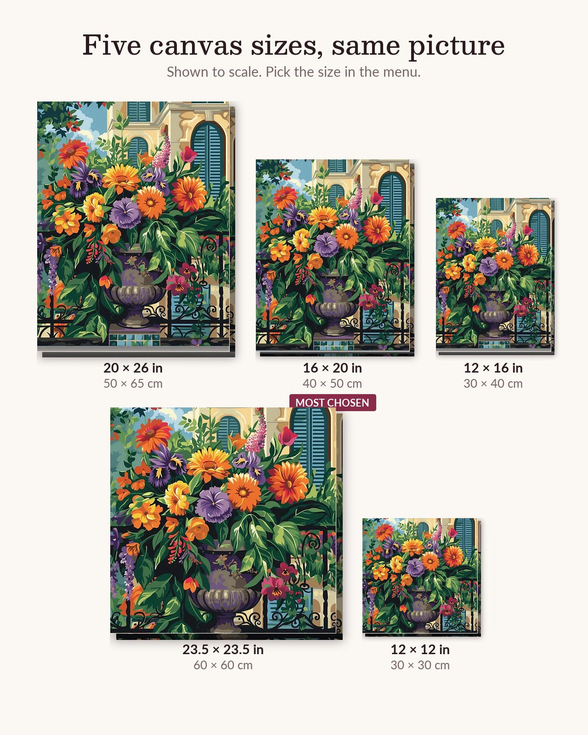 Oldest Flowerpot canvas sizes from 12 x 12 to 23.5 x 23.5 inches