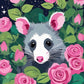 Opossum Among the Roses paint by numbers kit, opossum peeking out from a bush of pink roses