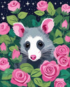 Opossum Among the Roses paint by numbers kit, opossum peeking out from a bush of pink roses