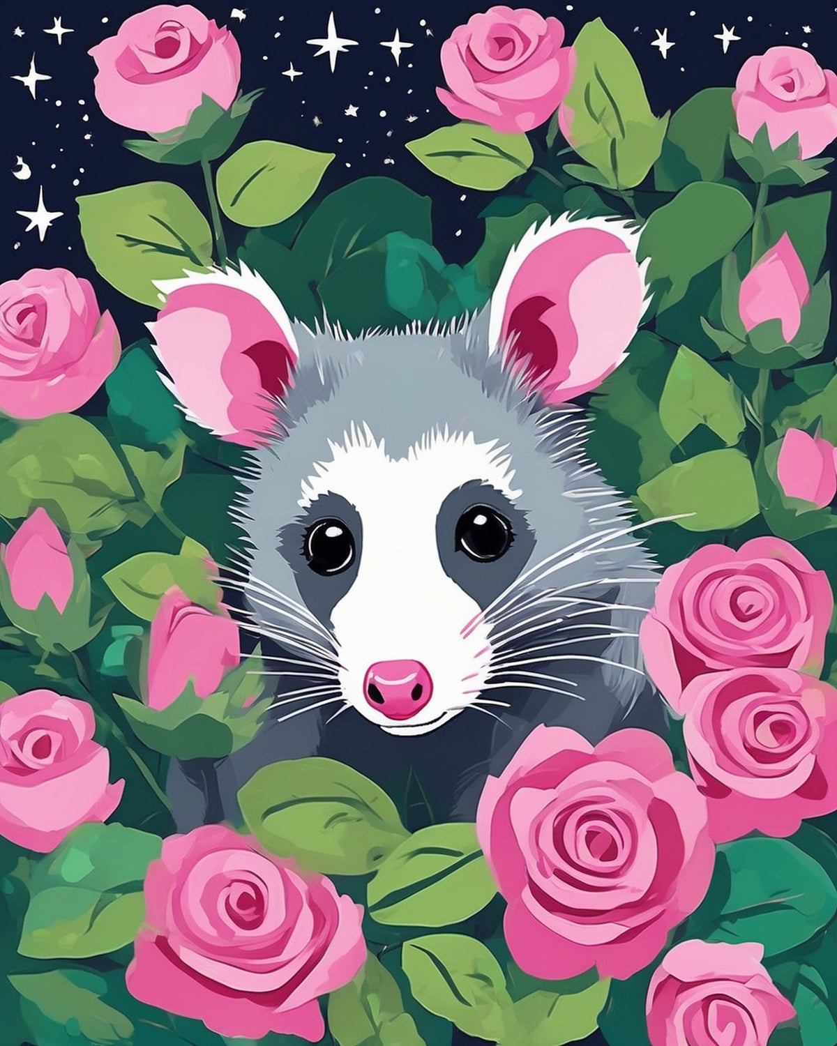 Opossum Among the Roses paint by numbers kit, opossum peeking out from a bush of pink roses
