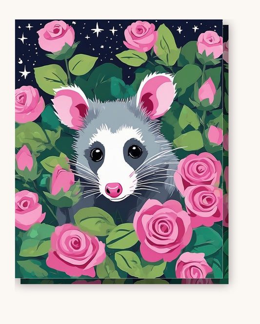 Opossum Among the Roses paint by numbers kit on stretched canvas