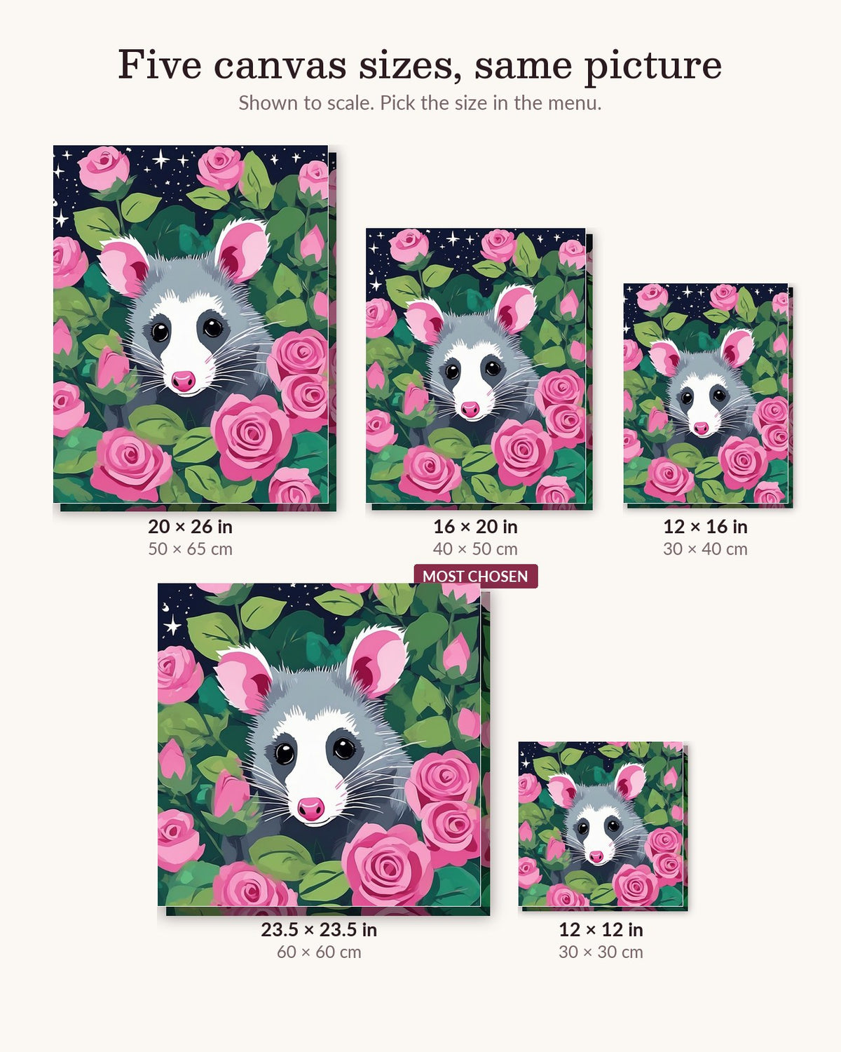 Opossum Among the Roses canvas sizes from 12 x 12 to 23.5 x 23.5 inches