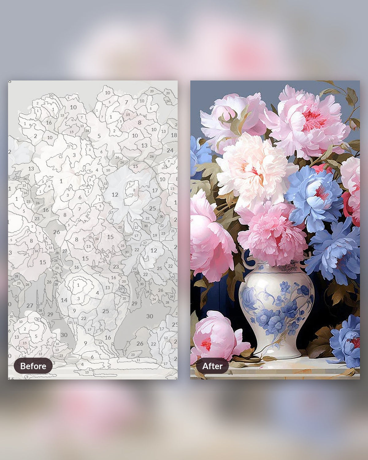 Opulent Bouquet paint by numbers kit, before and after