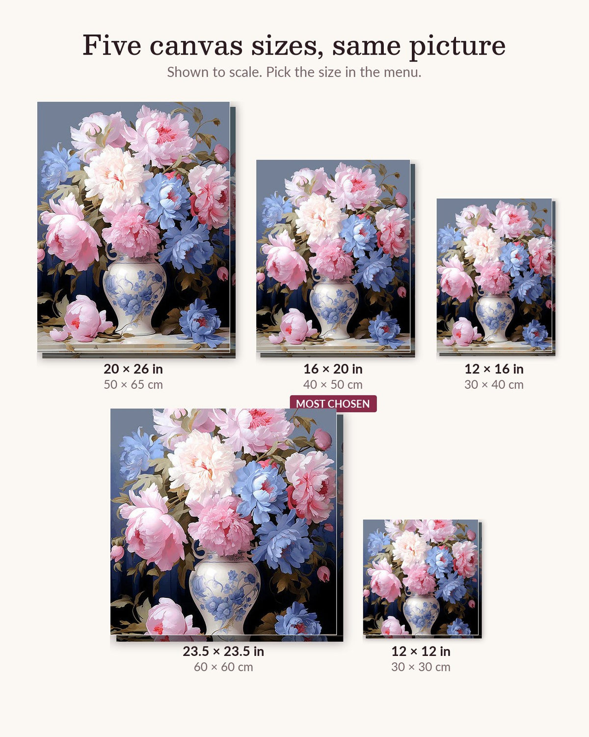 Opulent Bouquet canvas sizes from 12 x 12 to 23.5 x 23.5 inches