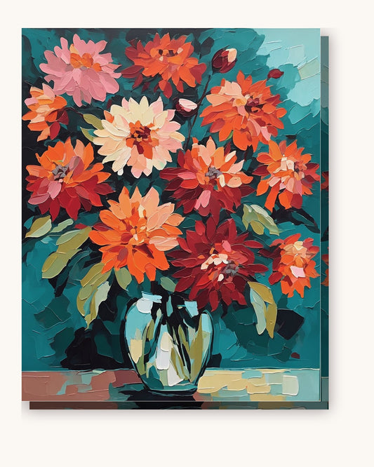 Orange and Red Dahlias in a Vase paint by numbers kit on stretched canvas