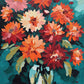orange, red and pink dahlias in a glass vase against a deep teal background, paint by numbers kit