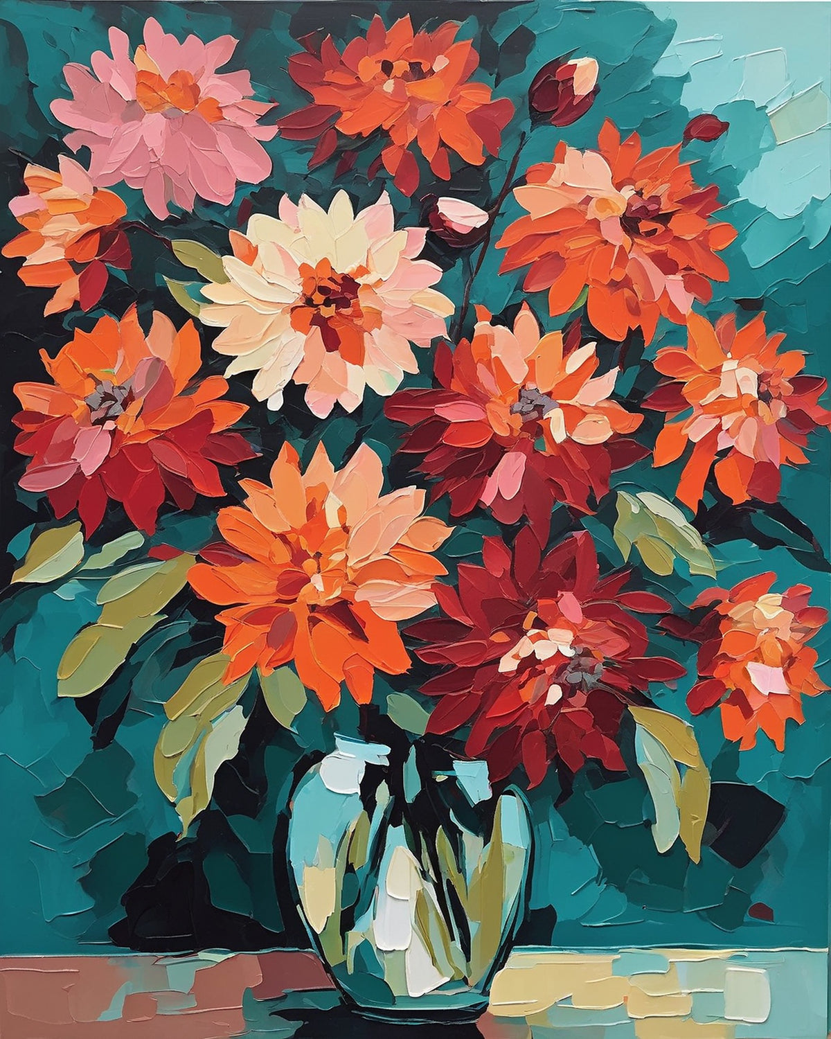 orange, red and pink dahlias in a glass vase against a deep teal background, paint by numbers kit