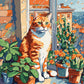 orange tabby cat on a windowsill with potted plants and rain drops over city rooftops, paint by numbers kit