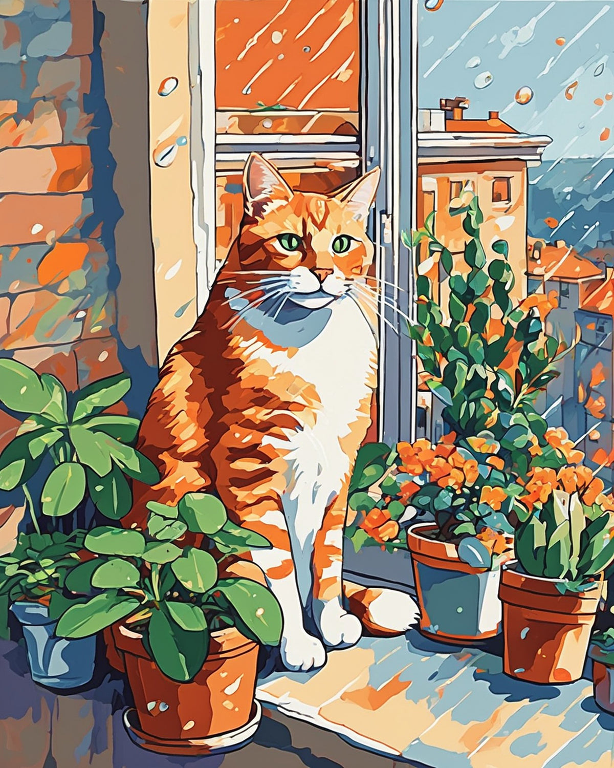 orange tabby cat on a windowsill with potted plants and rain drops over city rooftops, paint by numbers kit