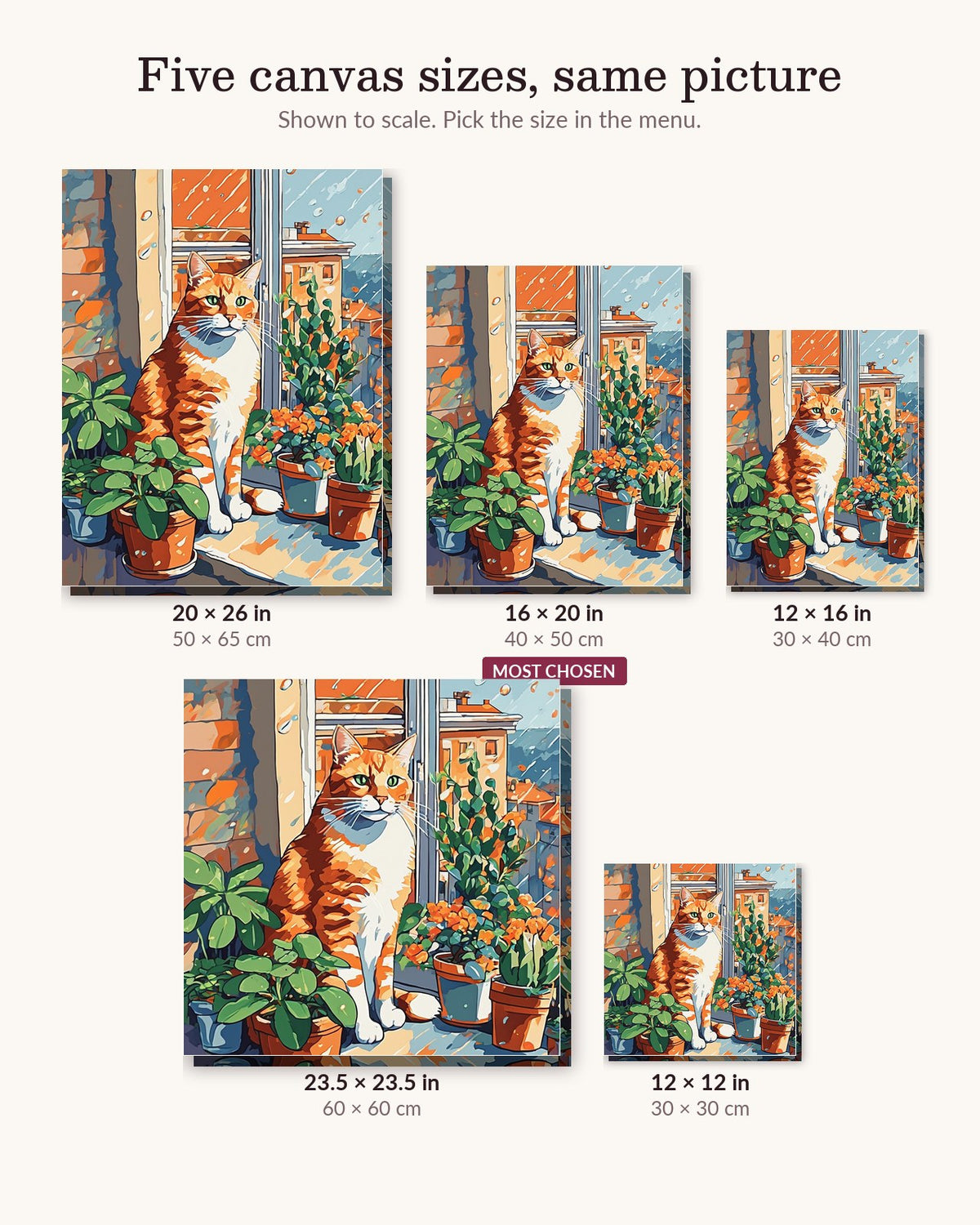Orange Cat on the Windowsill canvas sizes from 12 x 12 to 23.5 x 23.5 inches