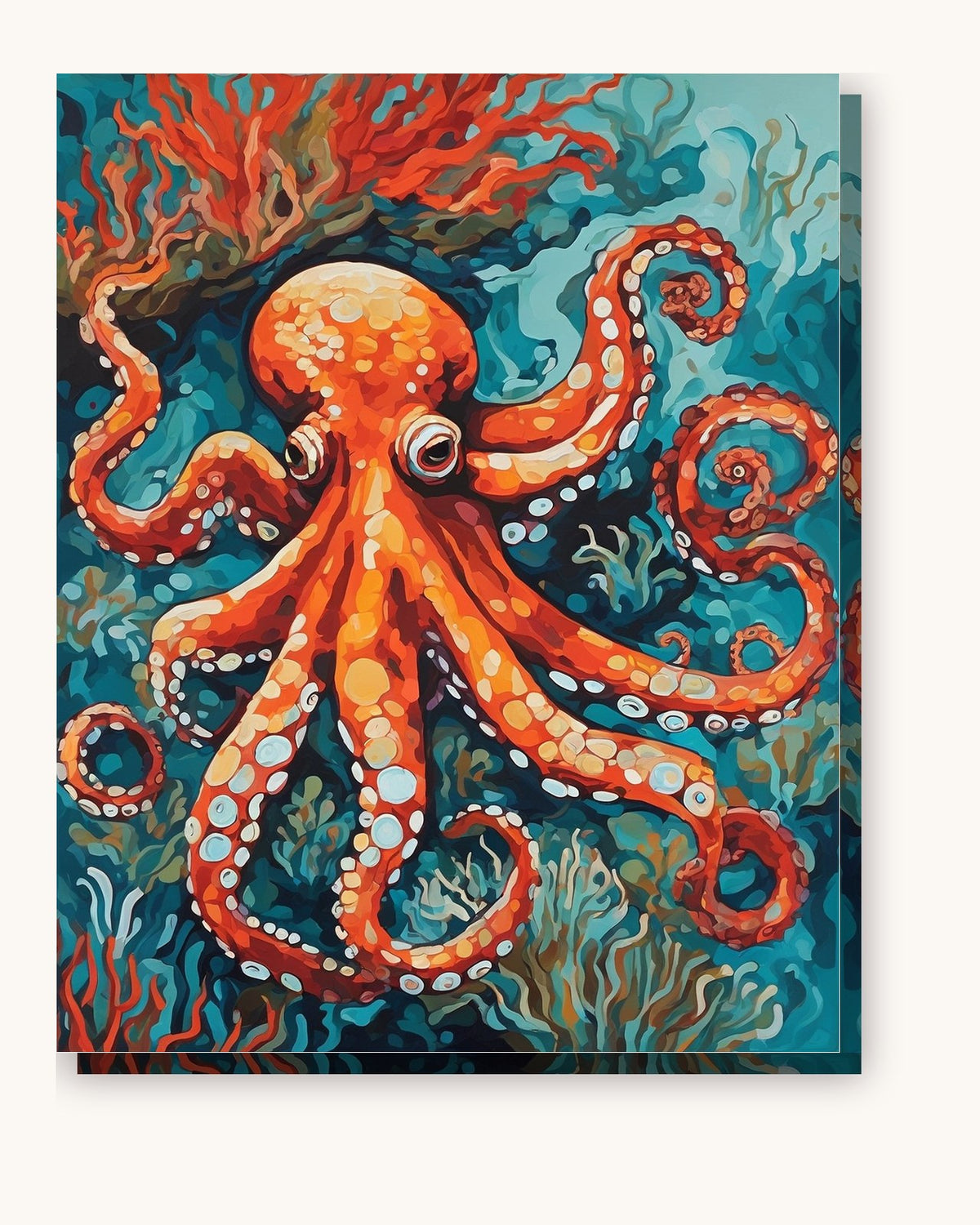 Orange Octopus Among Teal Coral paint by numbers kit on stretched canvas