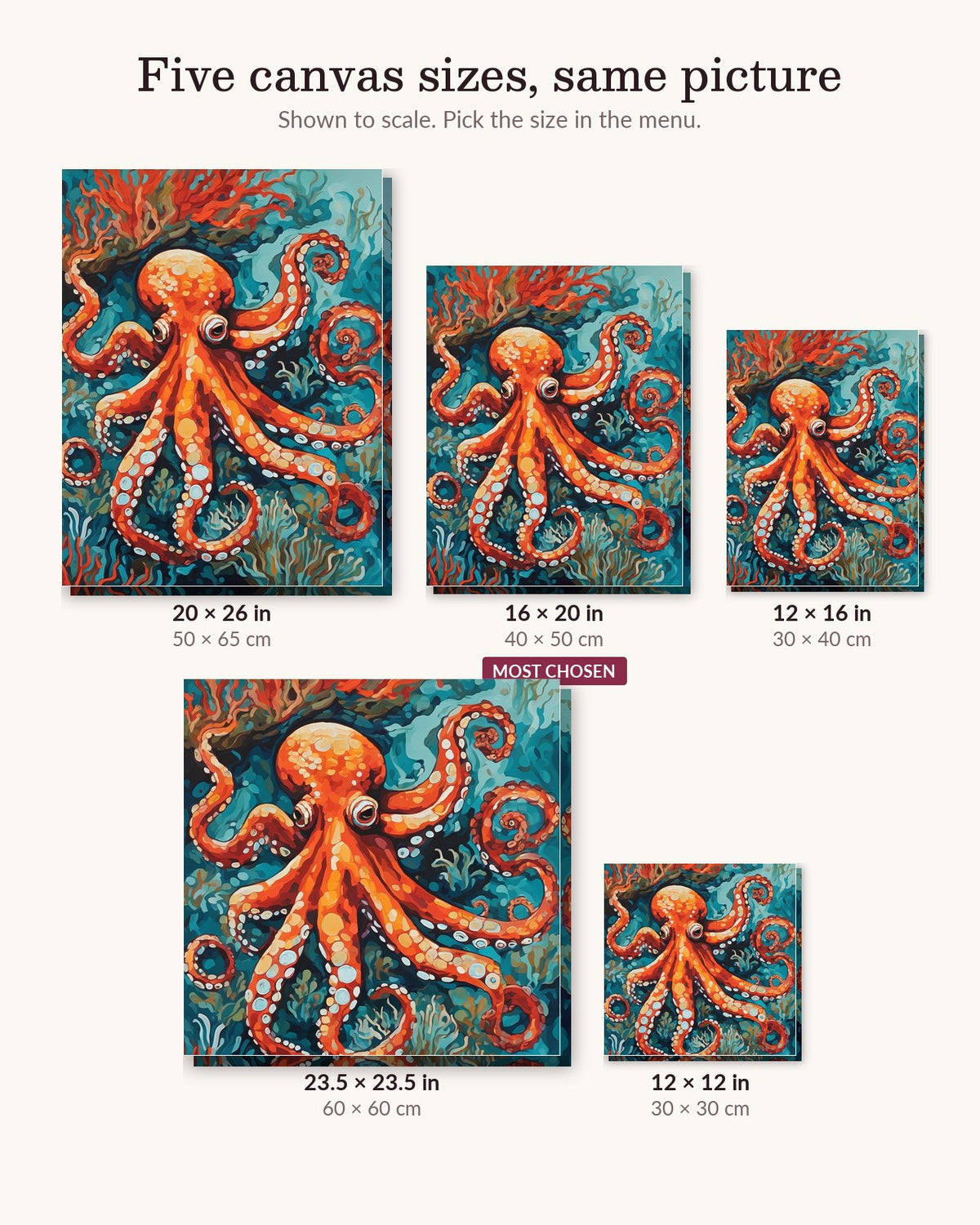 Orange Octopus Among Teal Coral canvas sizes from 12 x 12 to 23.5 x 23.5 inches
