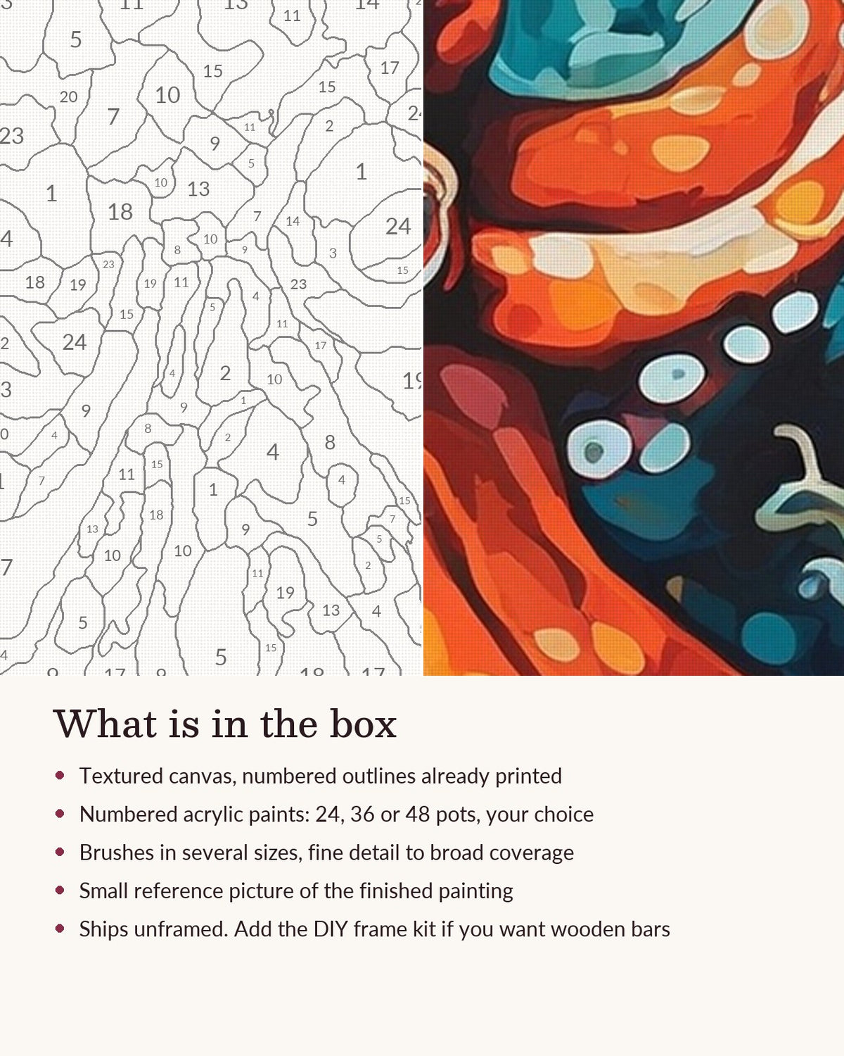 Close-up of the Orange Octopus Among Teal Coral canvas texture and printed numbers