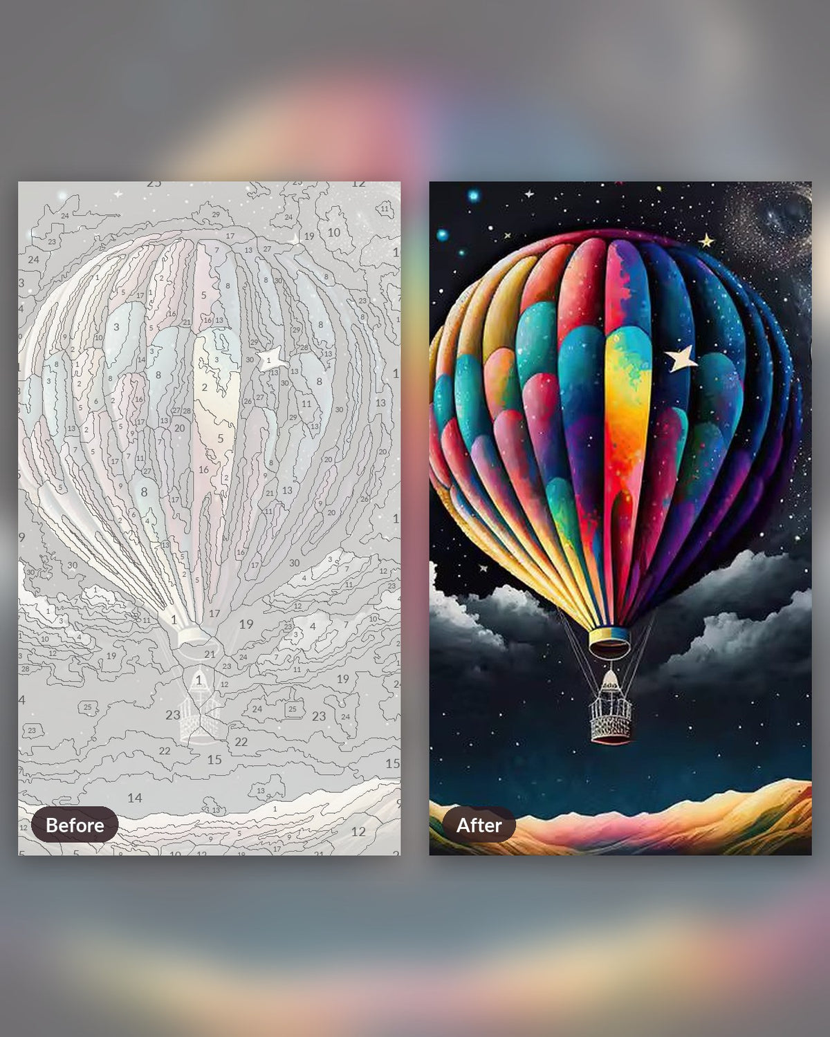 Orbital Balloon paint by numbers kit, before and after