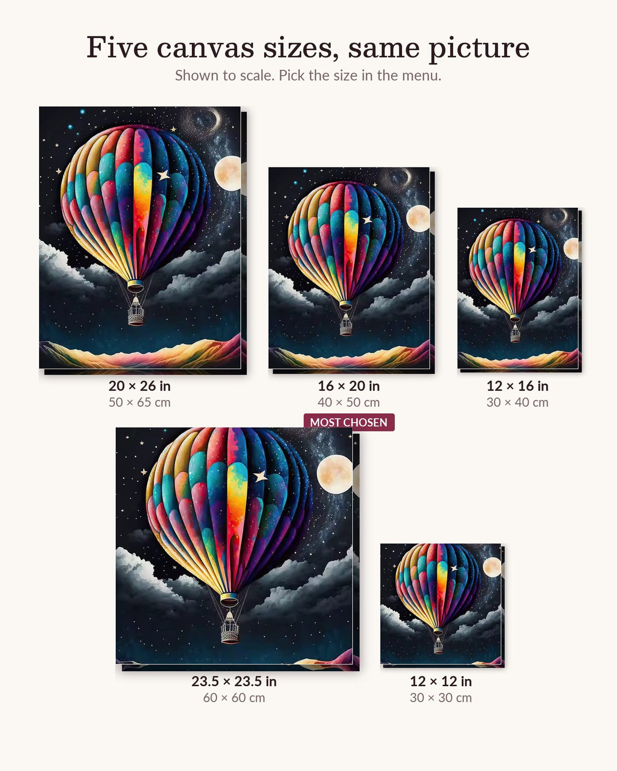 Orbital Balloon canvas sizes from 12 x 12 to 23.5 x 23.5 inches