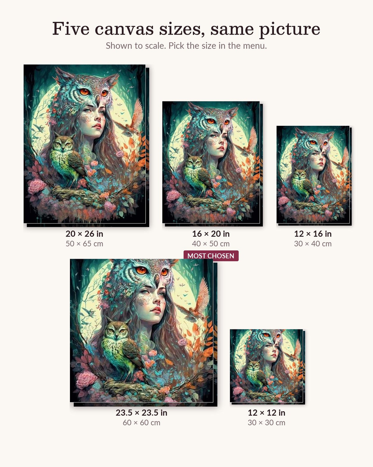 Owl Mistress canvas sizes from 12 x 12 to 23.5 x 23.5 inches