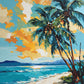 two leaning palm trees on a sandy beach with turquoise water and an orange sky, paint by numbers kit