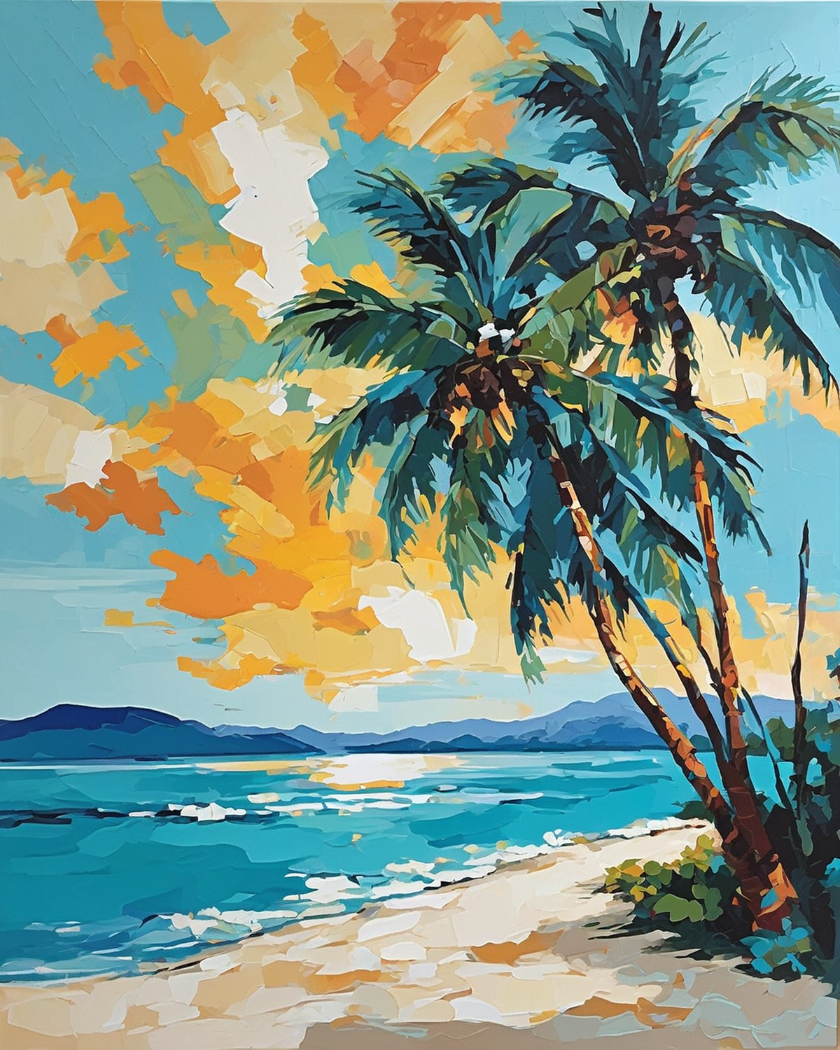 two leaning palm trees on a sandy beach with turquoise water and an orange sky, paint by numbers kit
