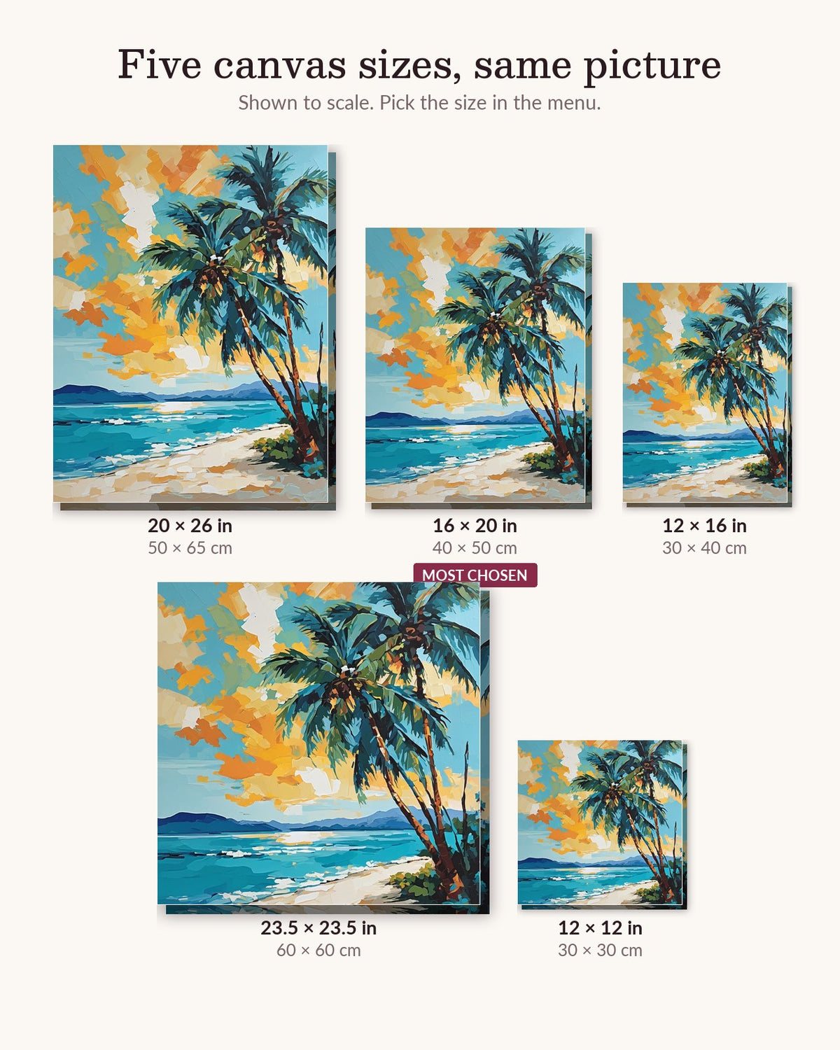 Palm Trees on a Turquoise Beach canvas sizes from 12 x 12 to 23.5 x 23.5 inches