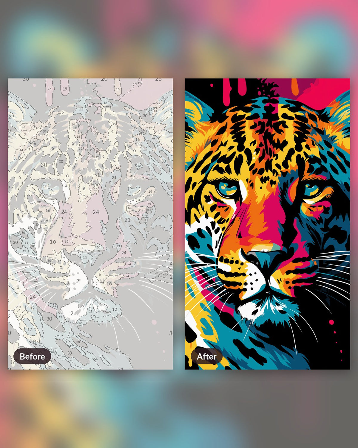 Panthera Eyes paint by numbers kit, before and after