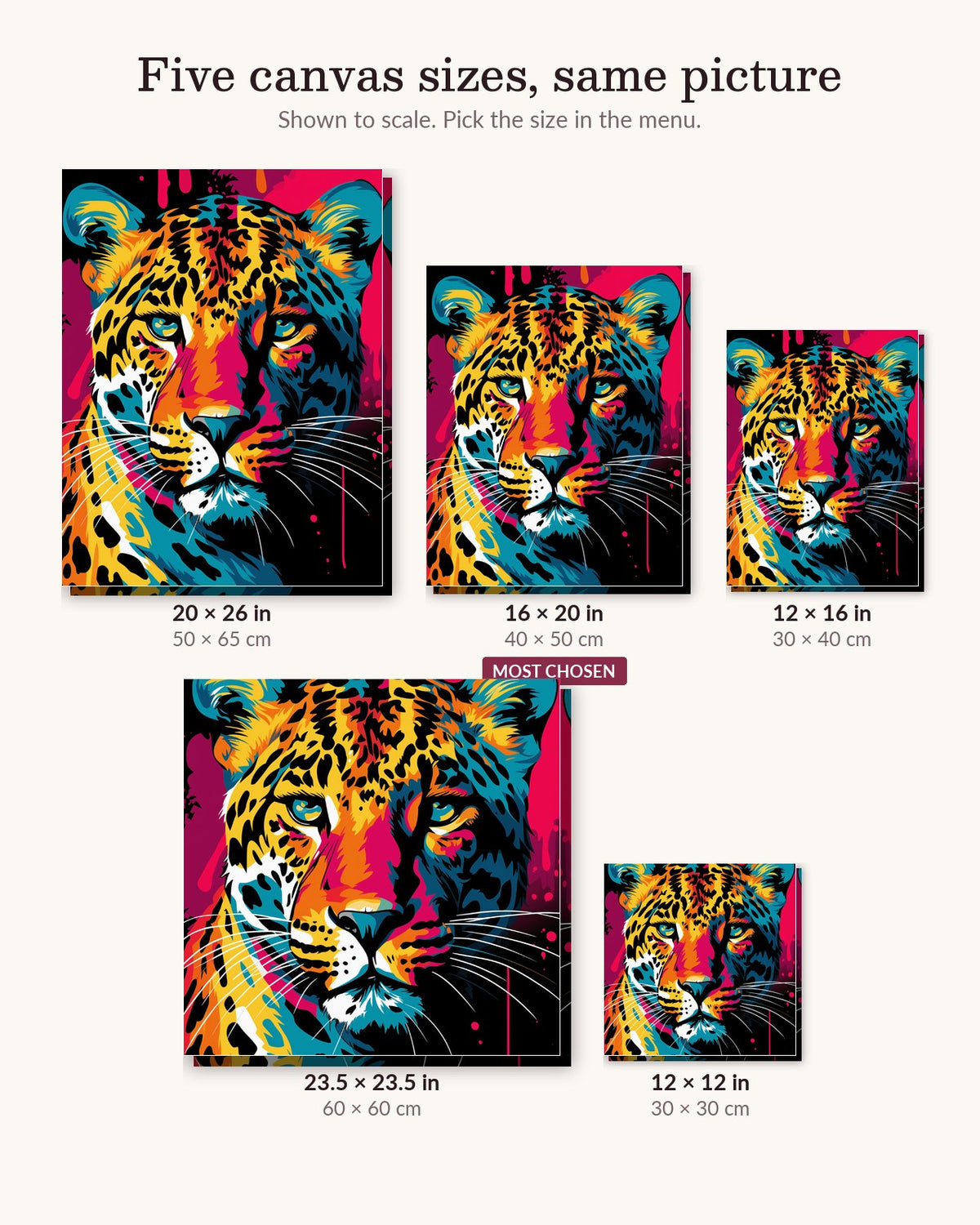 Panthera Eyes canvas sizes from 12 x 12 to 23.5 x 23.5 inches