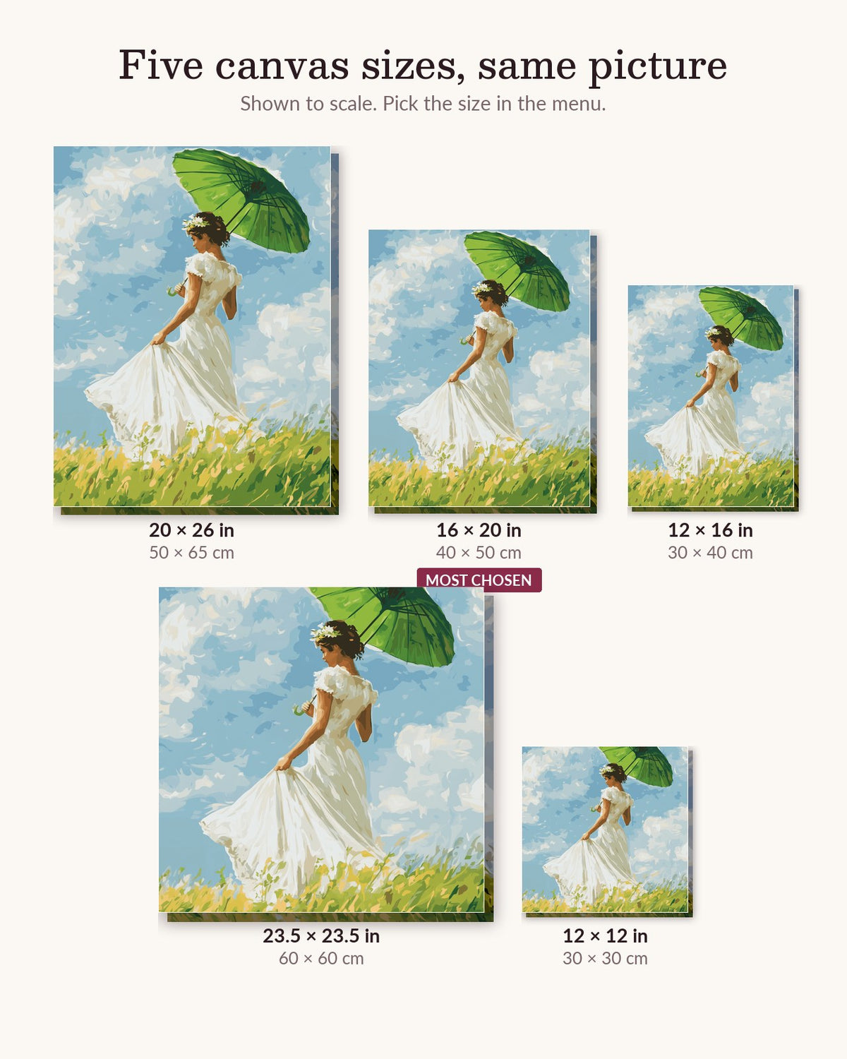 Parasol-Clad Lady canvas sizes from 12 x 12 to 23.5 x 23.5 inches