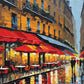 paris cafe street with red awnings, wet pavement reflections and small figures with umbrellas, paint by numbers kit