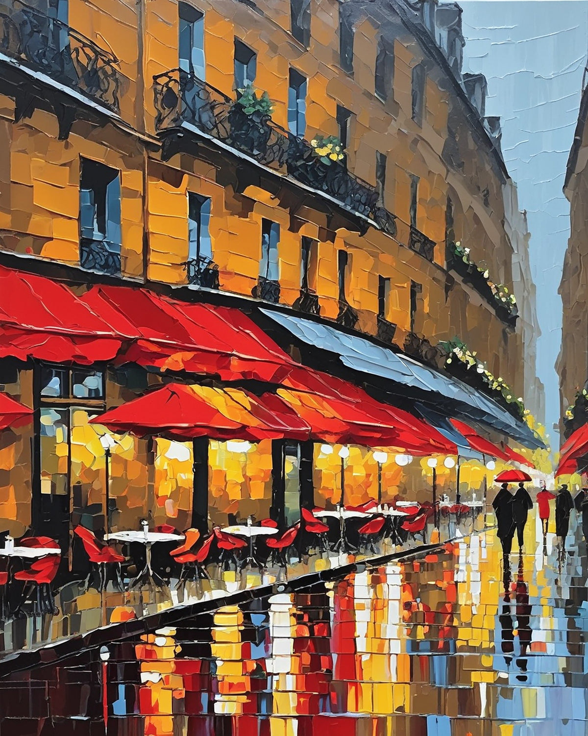 paris cafe street with red awnings, wet pavement reflections and small figures with umbrellas, paint by numbers kit