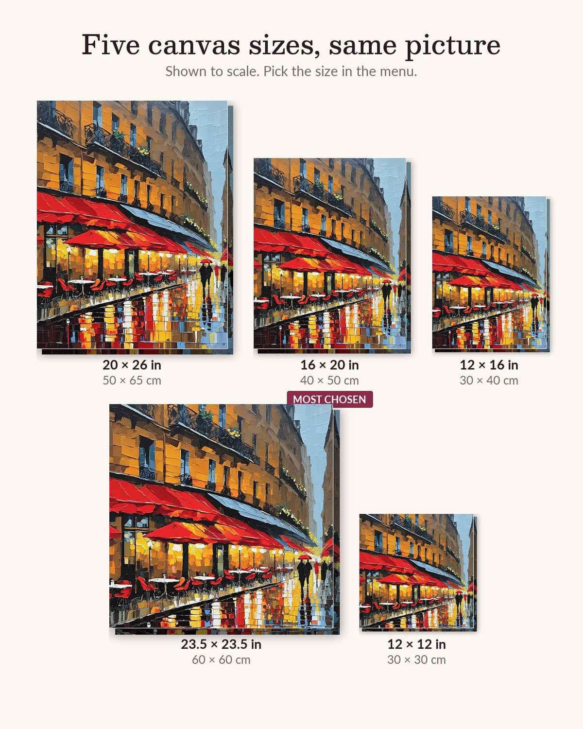 Paris Cafe Street in the Rain canvas sizes from 12 x 12 to 23.5 x 23.5 inches