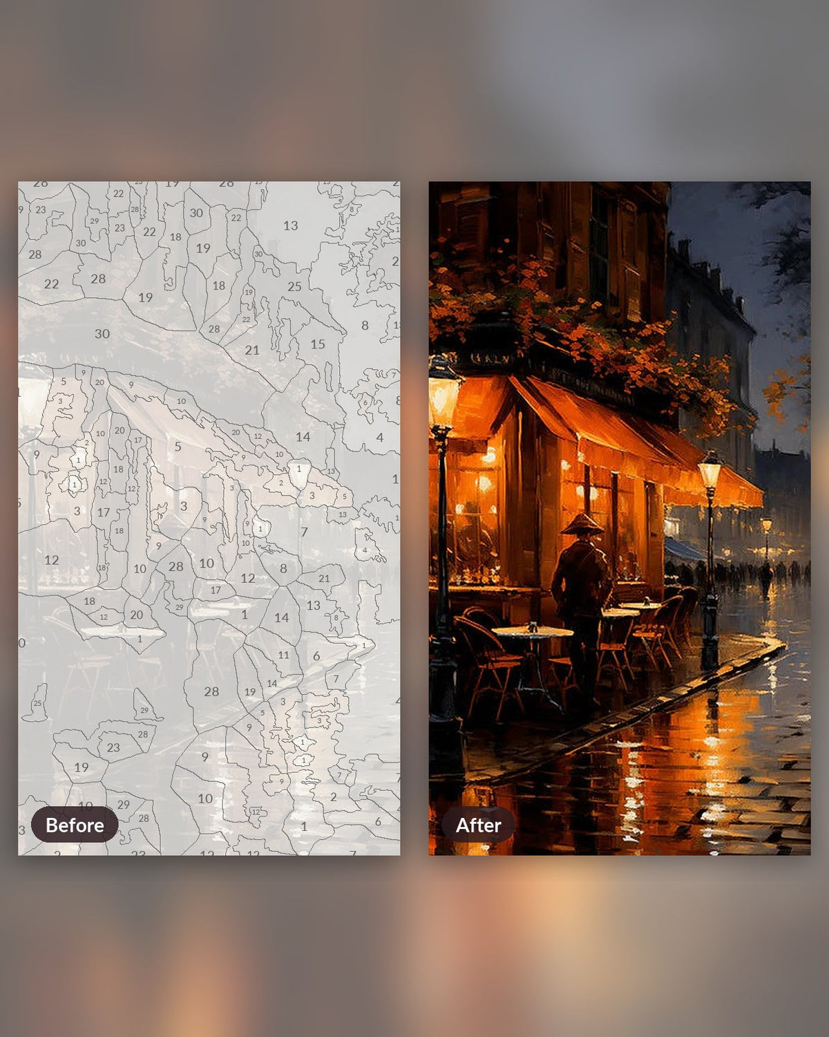 Rainlit Paris paint by numbers kit, before and after