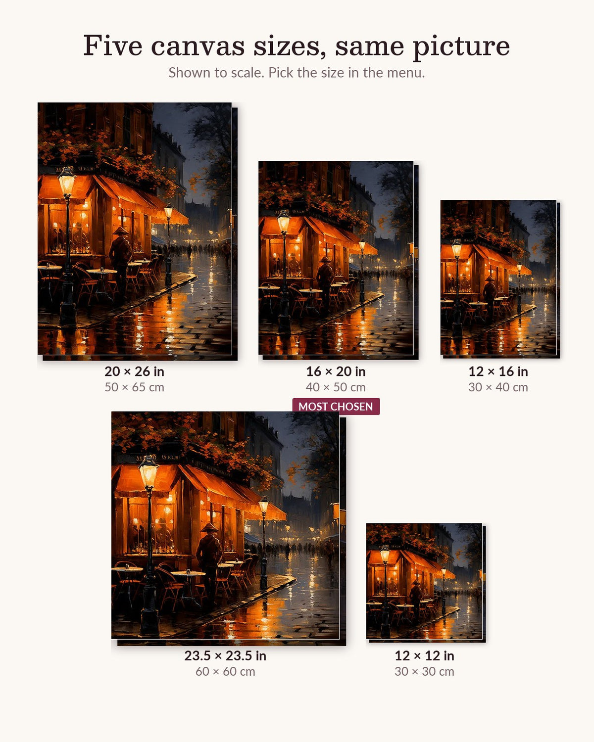 Rainlit Paris canvas sizes from 12 x 12 to 23.5 x 23.5 inches