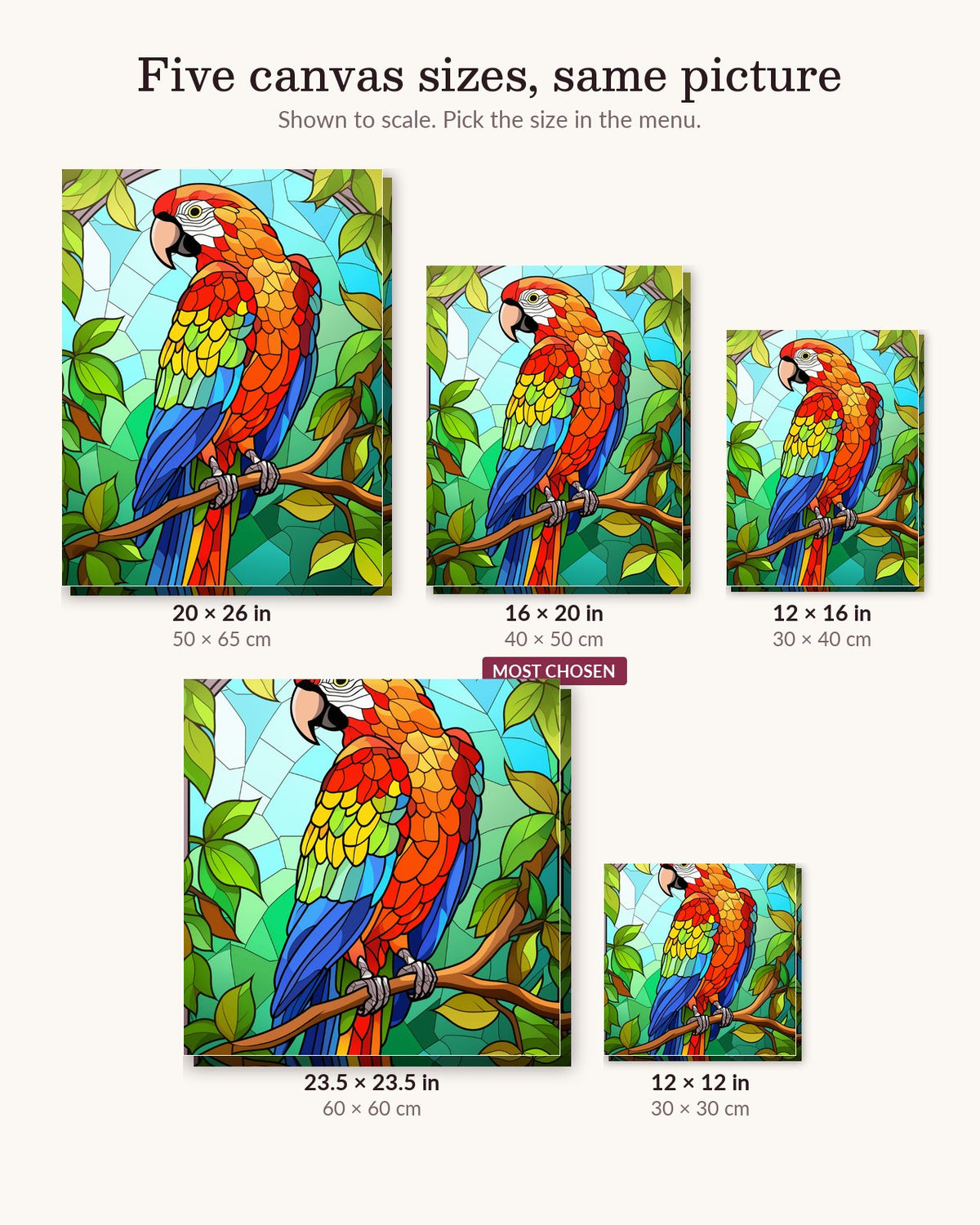 Parrot in Mosaic canvas sizes from 12 x 12 to 23.5 x 23.5 inches