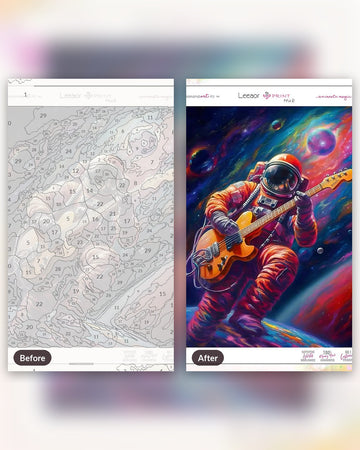 Party in Space paint by numbers kit, before and after