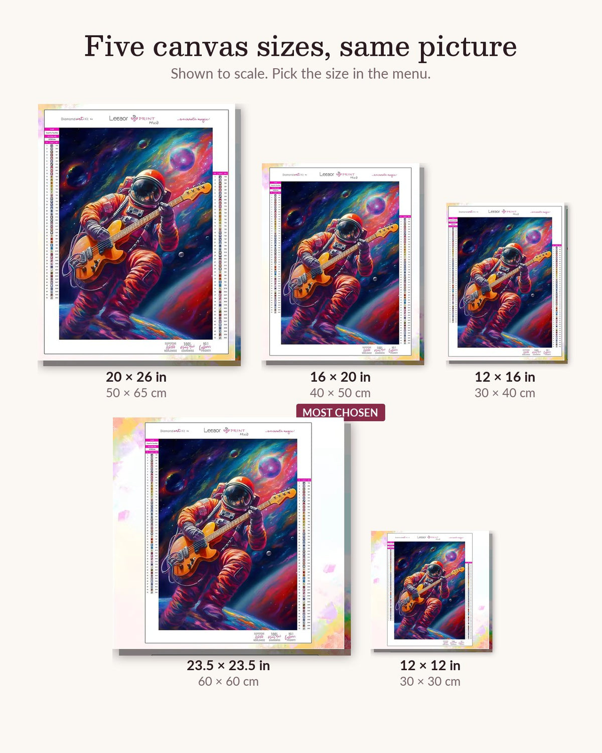 Party in Space canvas sizes from 12 x 12 to 23.5 x 23.5 inches