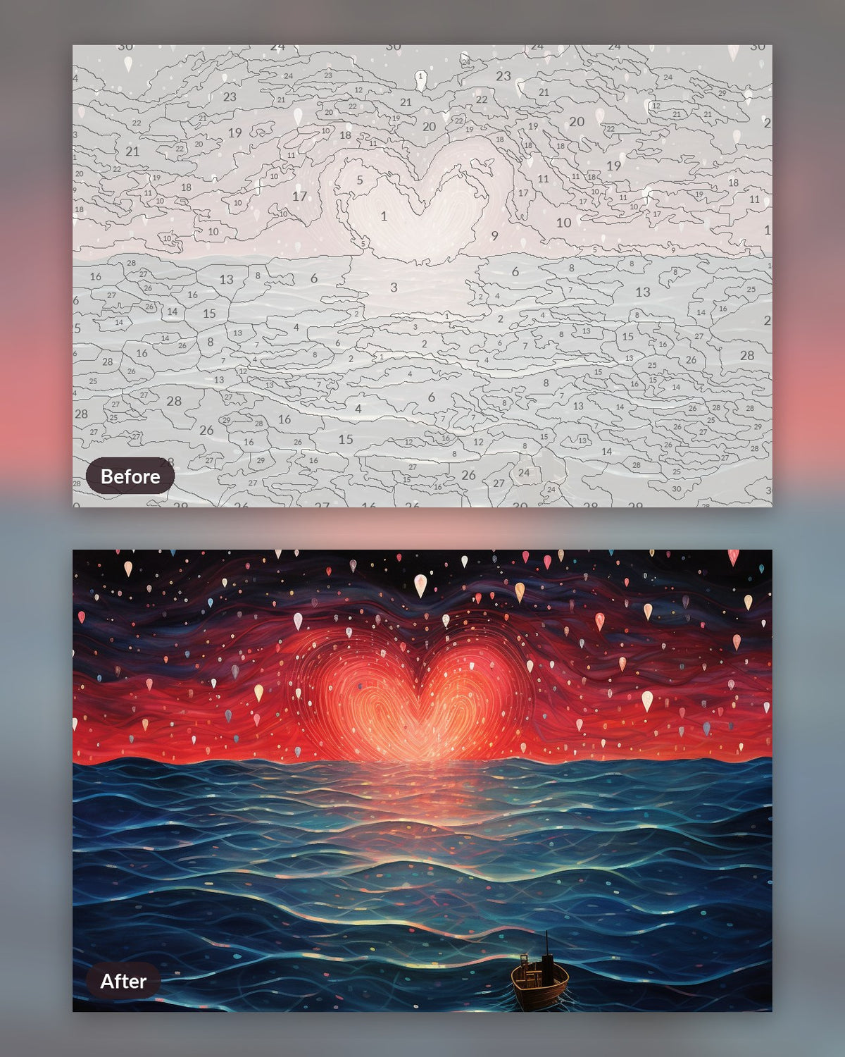 Passionate Tides paint by numbers kit, before and after
