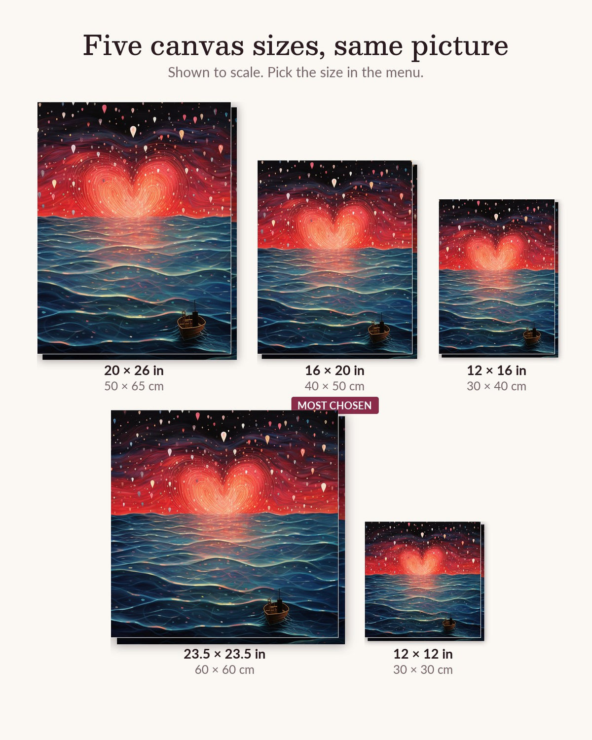 Passionate Tides canvas sizes from 12 x 12 to 23.5 x 23.5 inches