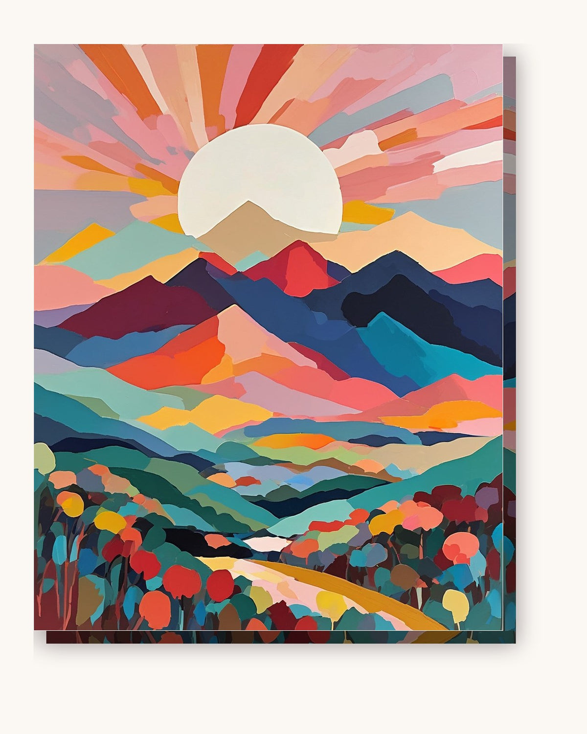 Pastel Mountains Under a Pale Sun paint by numbers kit on stretched canvas