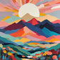 layered mountains in navy red teal and peach under a pale round sun with colorful trees and a path, paint by numbers kit