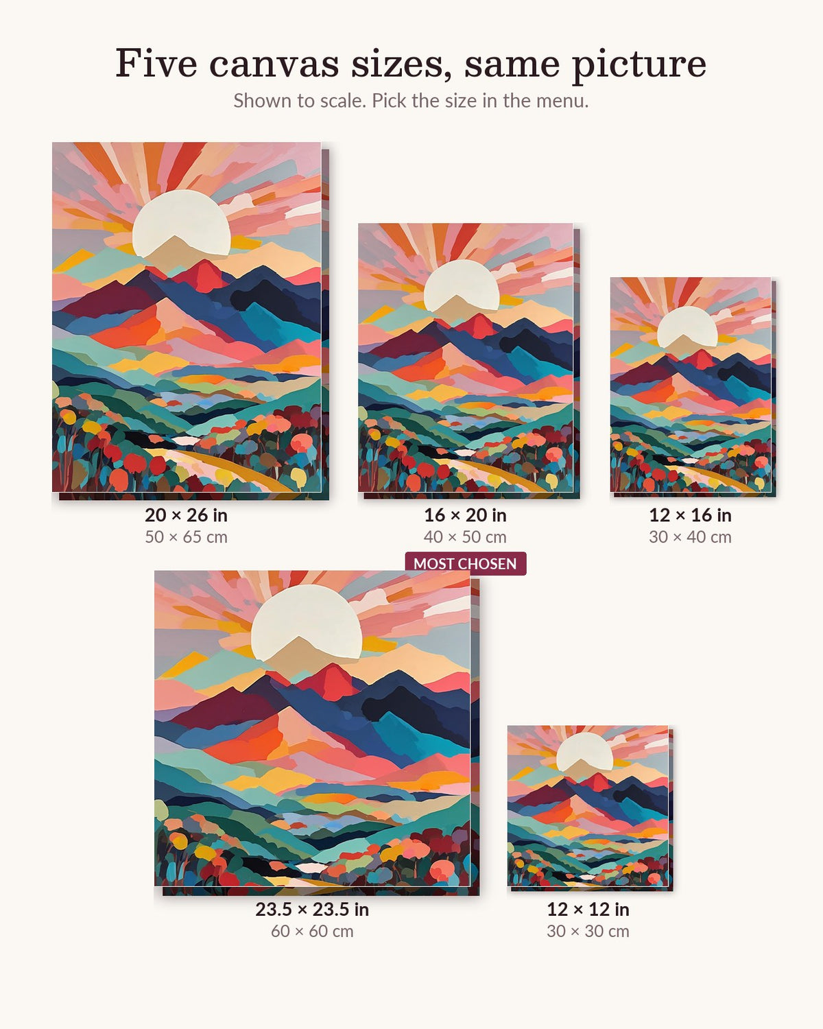 Pastel Mountains Under a Pale Sun canvas sizes from 12 x 12 to 23.5 x 23.5 inches
