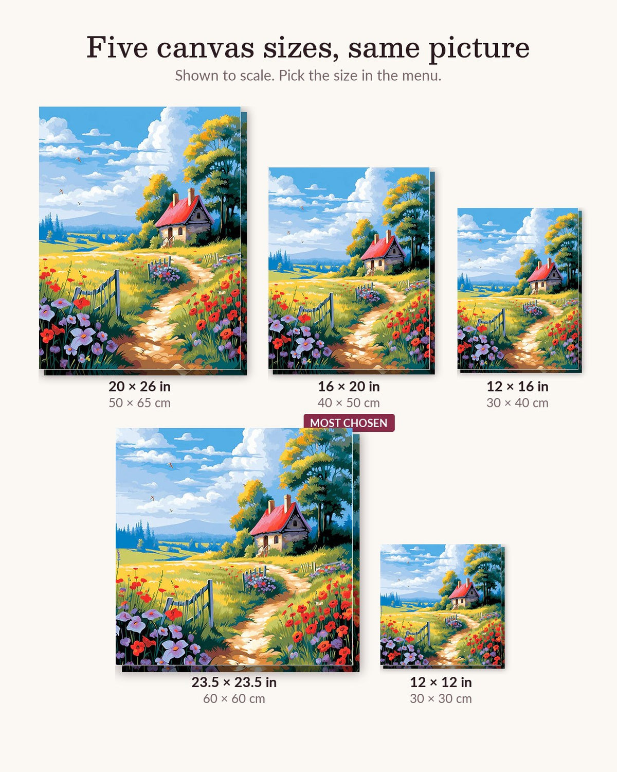 Pastoral Symphony canvas sizes from 12 x 12 to 23.5 x 23.5 inches