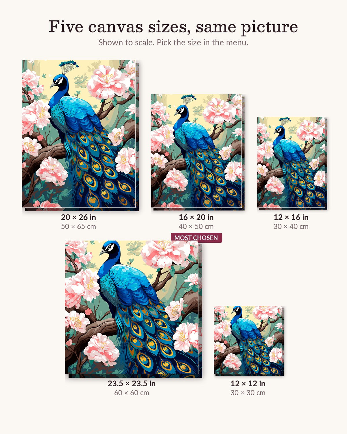 Peacock's Elegance canvas sizes from 12 x 12 to 23.5 x 23.5 inches