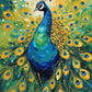 peacock with fanned tail feathers in blue, green and gold on a green garden background, paint by numbers kit