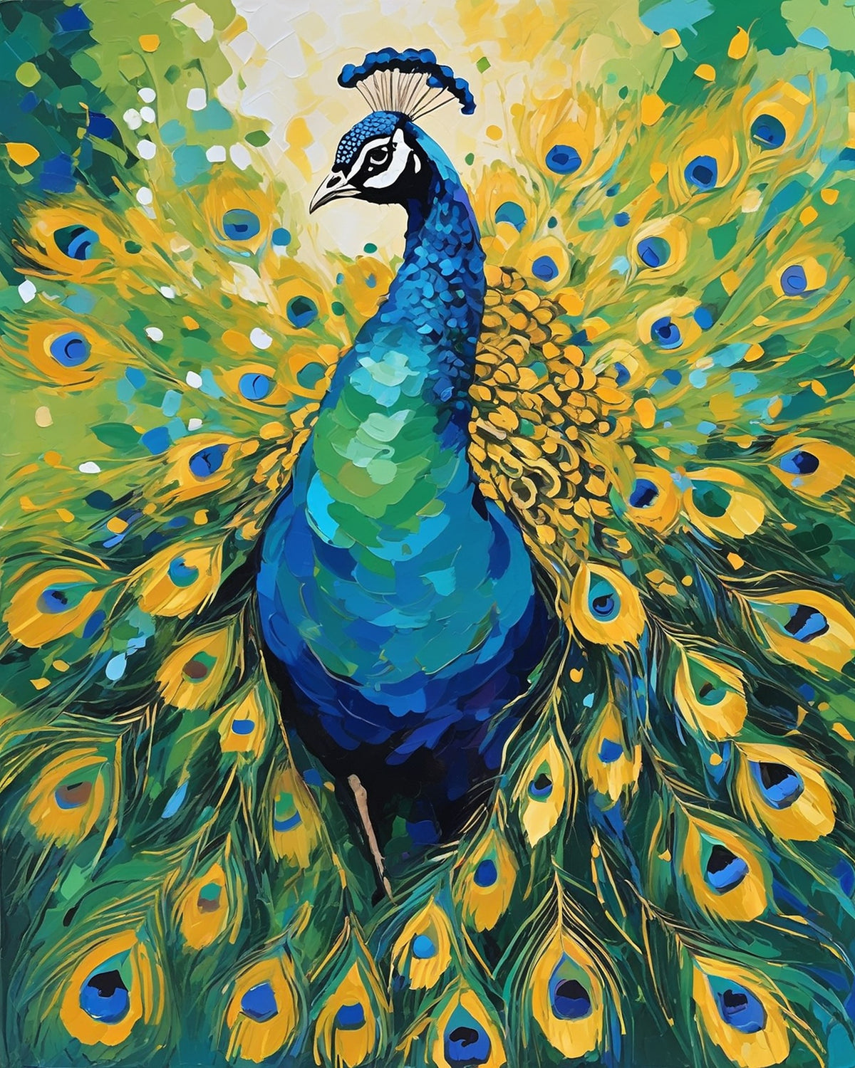 peacock with fanned tail feathers in blue, green and gold on a green garden background, paint by numbers kit