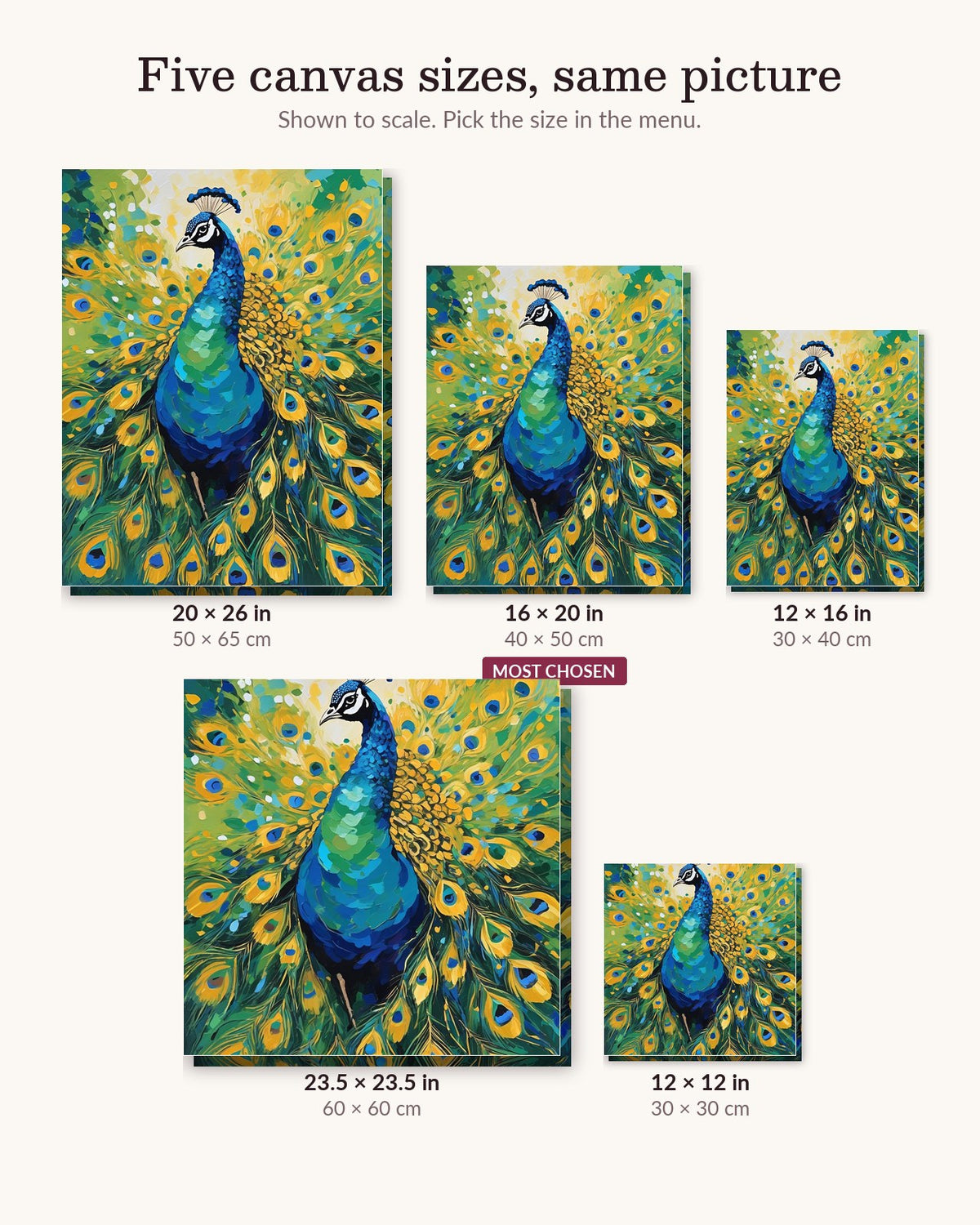 Peacock with Open Feathers canvas sizes from 12 x 12 to 23.5 x 23.5 inches